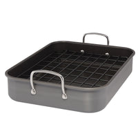 Rectangular roasting pan with metal handles and a removable rack.