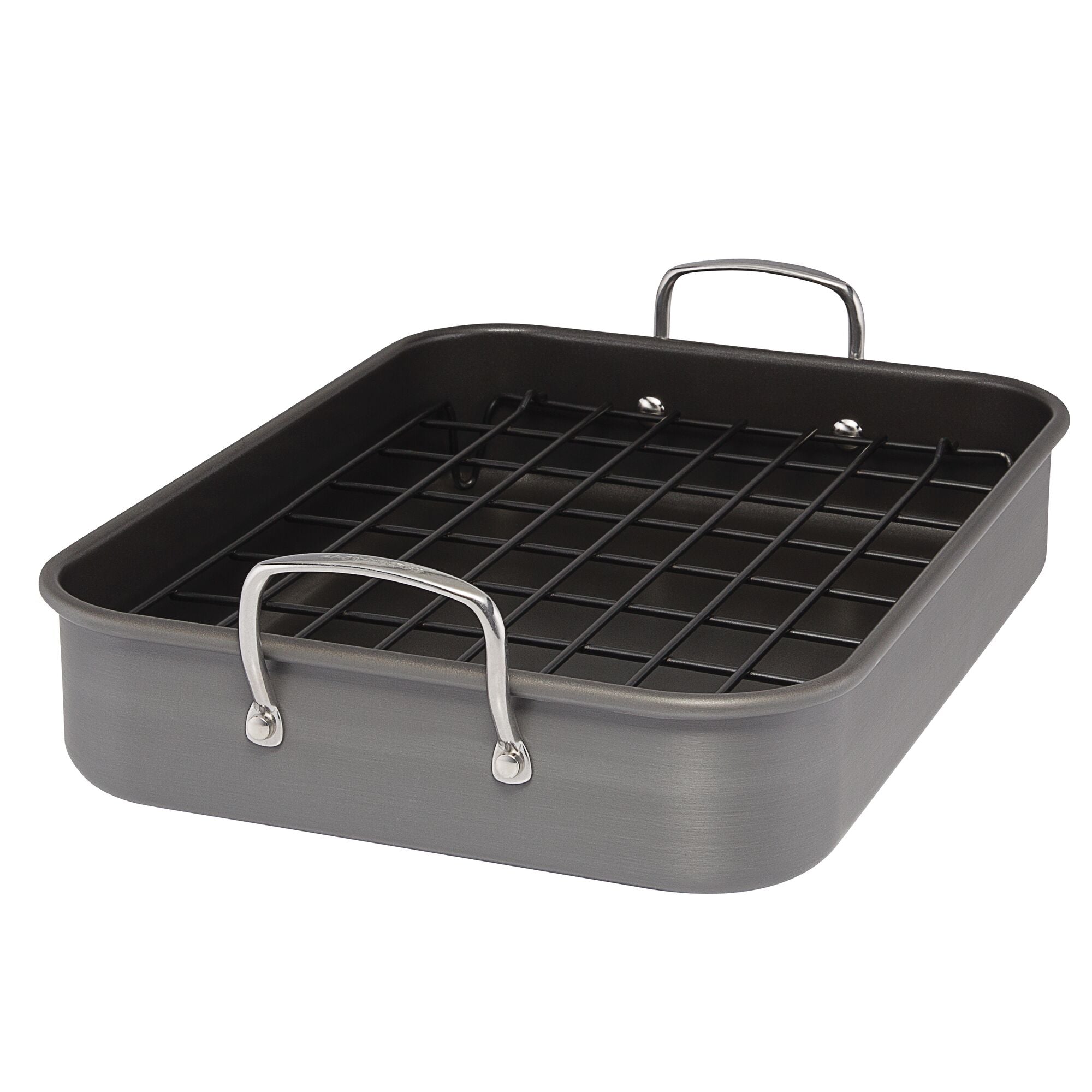 Rectangular roasting pan with metal handles and a removable rack.