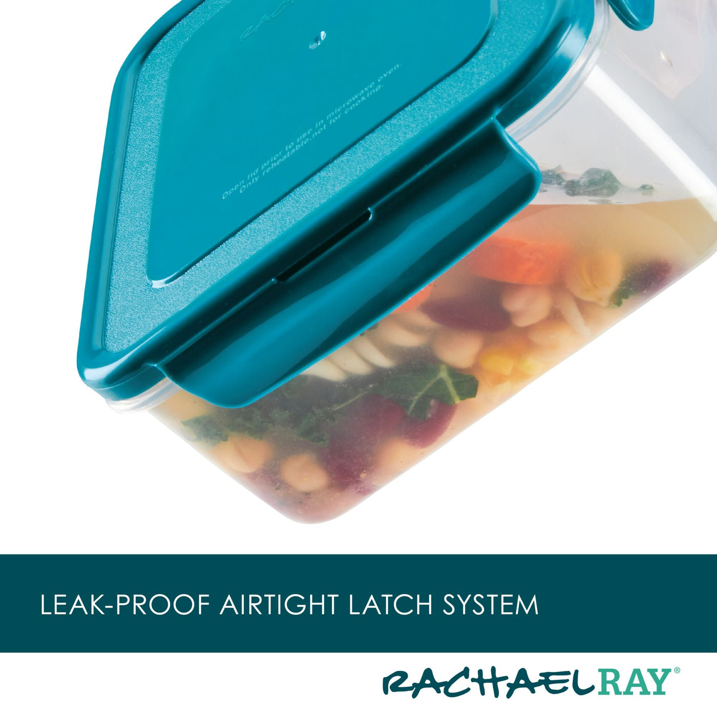 Teal-lidded food container with mixed vegetables inside, labeled Rachael Ray.