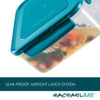 Teal-lidded food container with mixed vegetables inside, labeled Rachael Ray.