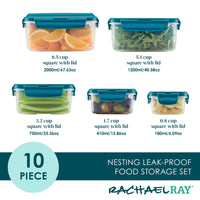Set of five teal-lidded food storage containers in various sizes.