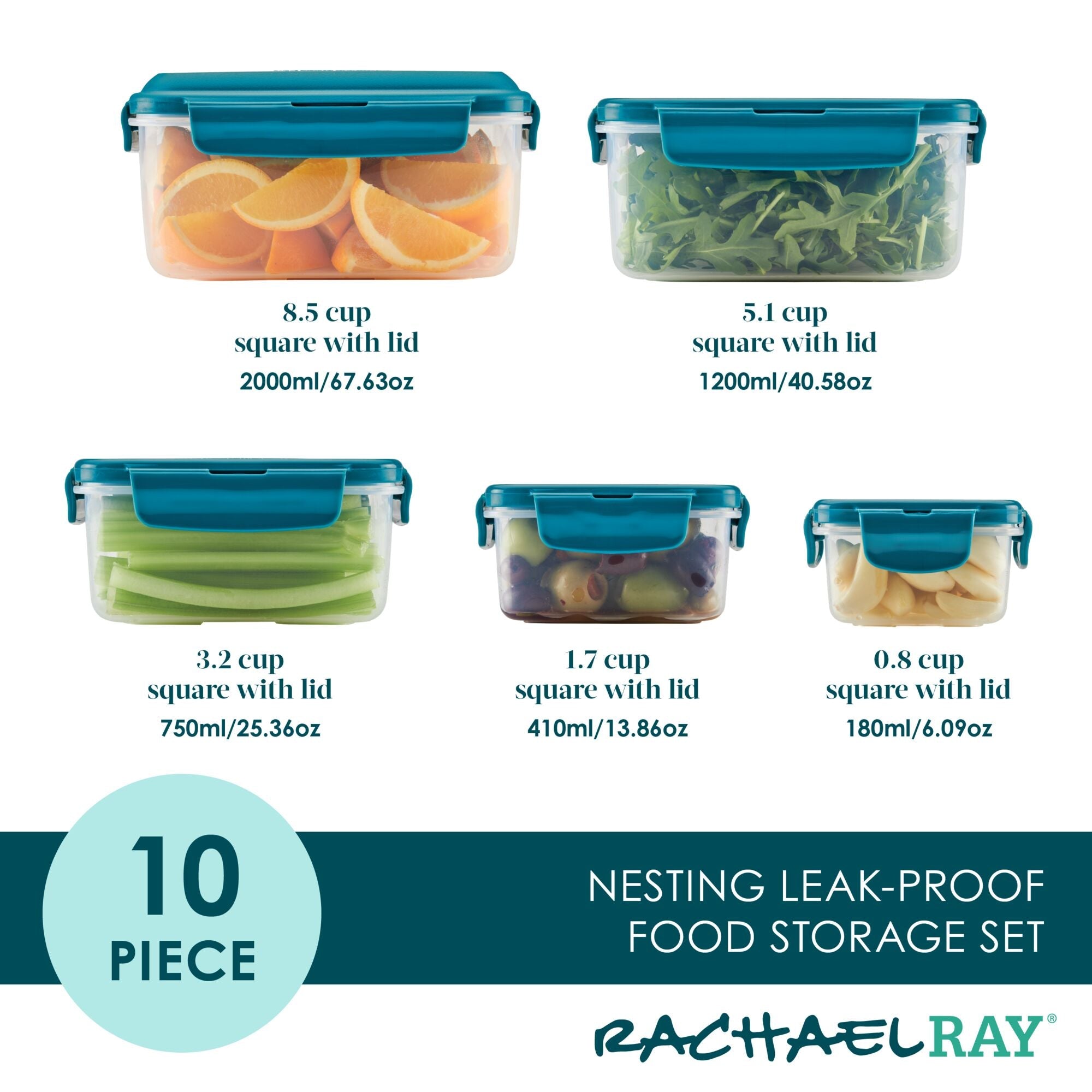 Set of five teal-lidded food storage containers in various sizes.