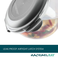Airtight food container with latch system, filled with pasta and vegetables.
