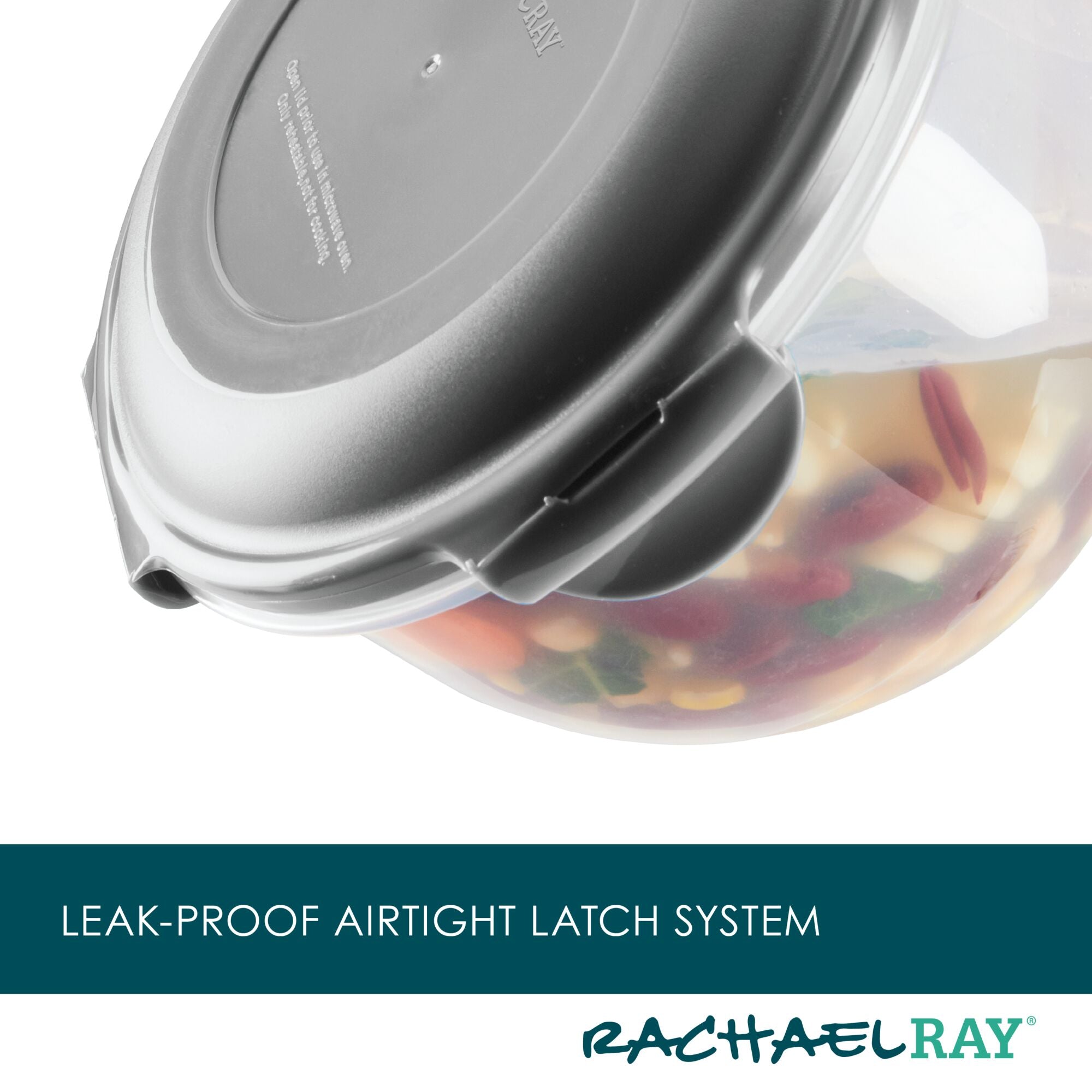Airtight food container with latch system, filled with pasta and vegetables.
