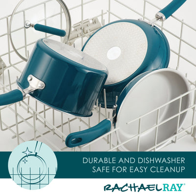 Teal cookware set in dishwasher basket, labeled as durable and dishwasher safe.