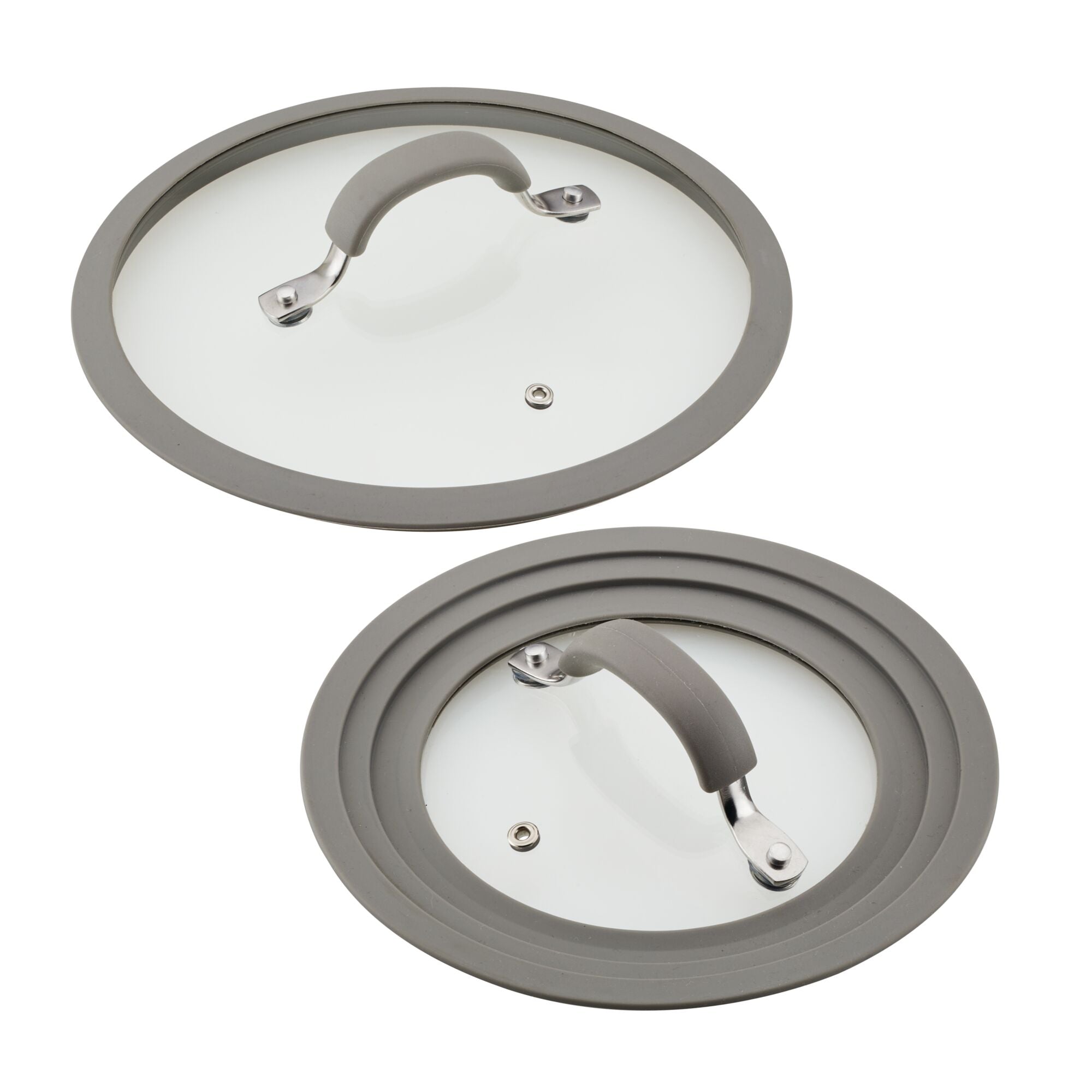 Add a touch of elegance to your kitchen with these glass pot lids featuring gray silicone rims and handles, designed to perfectly complement your 6-Piece Cook + Create Nonstick Cookware Set.