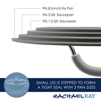 Gray stepped lid with handle; fits three pan sizes, labeled for each size.