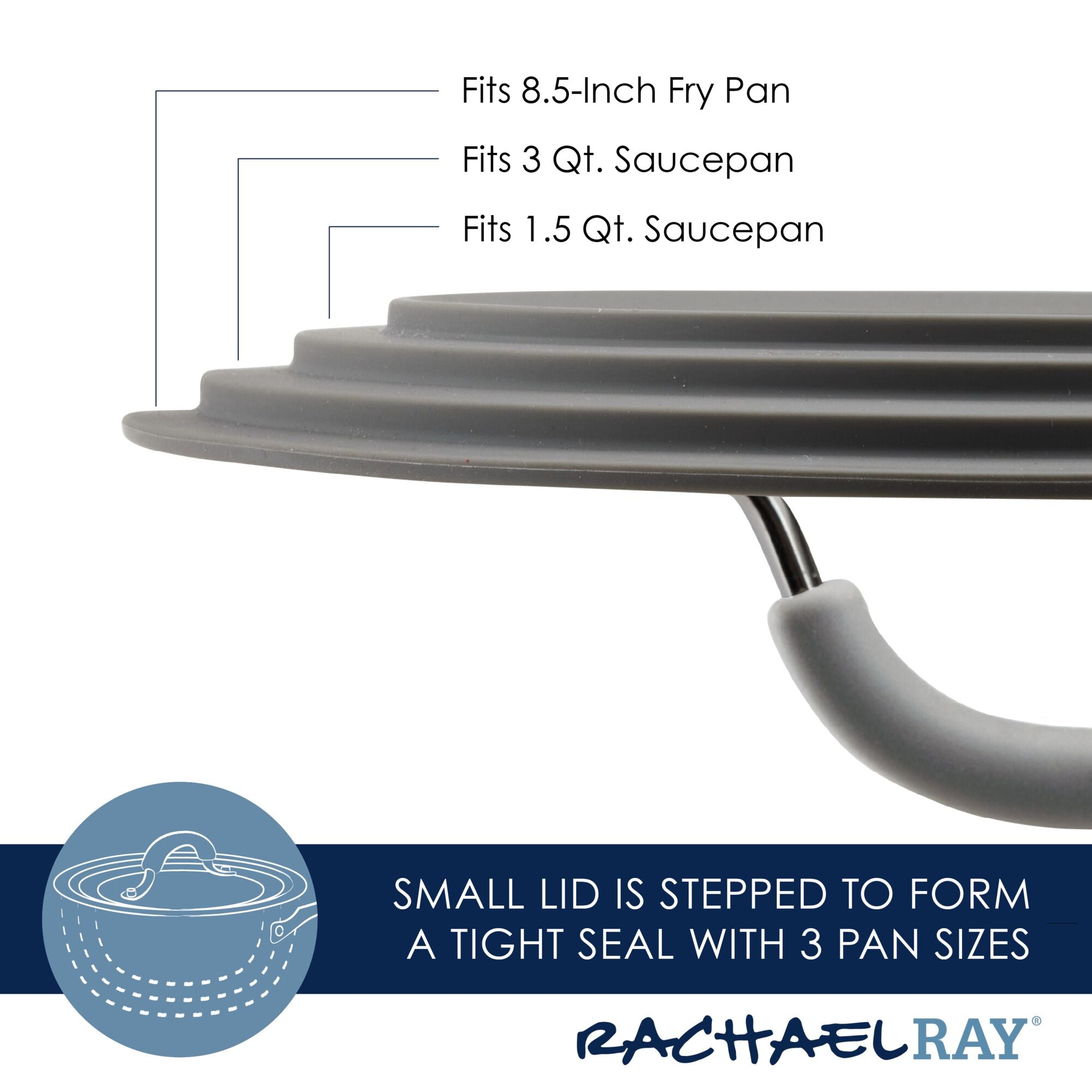 Gray stepped lid with handle; fits three pan sizes, labeled for each size.