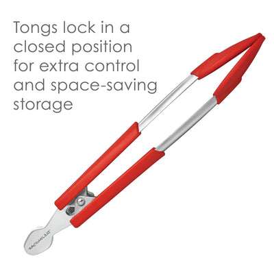 Metal tongs with red grips, shown in a closed position, and a label on the side.