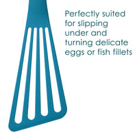 Blue spatula for flipping eggs or fish fillets.