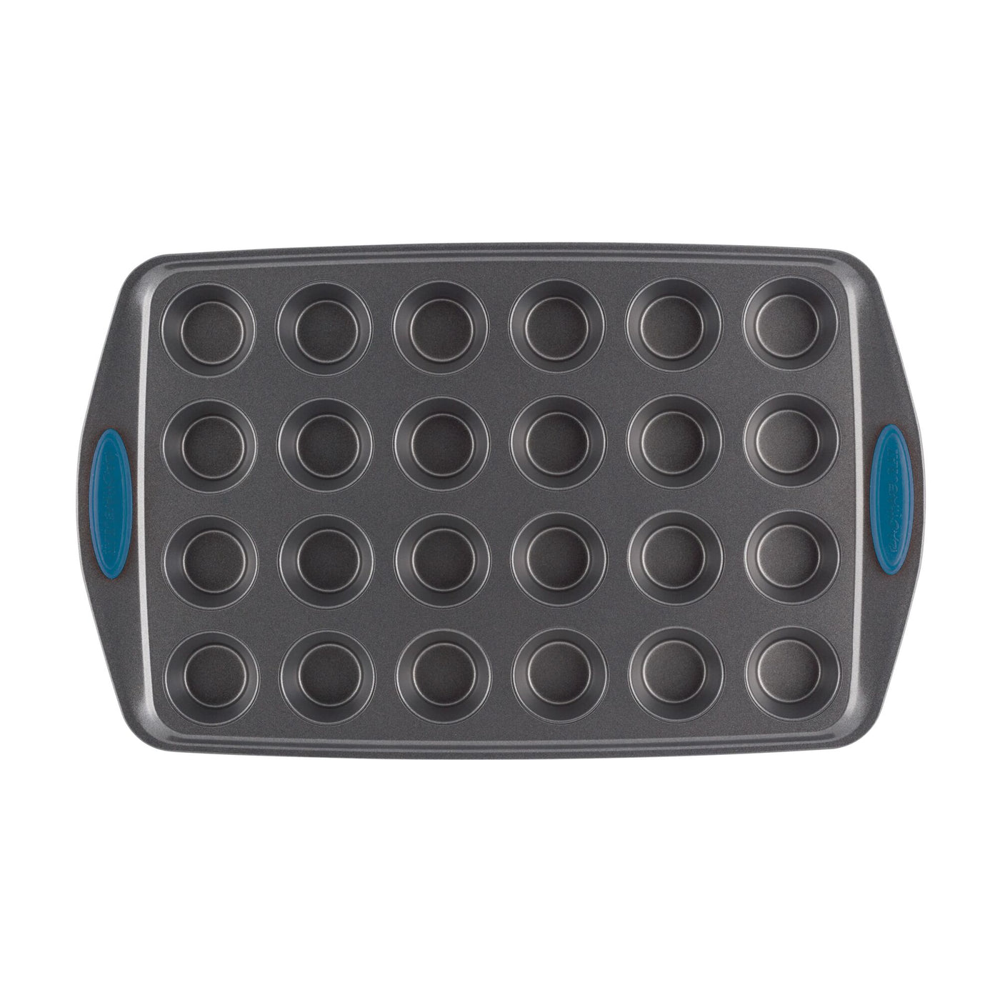 Mini muffin pan with 24 cups and blue silicone grips.