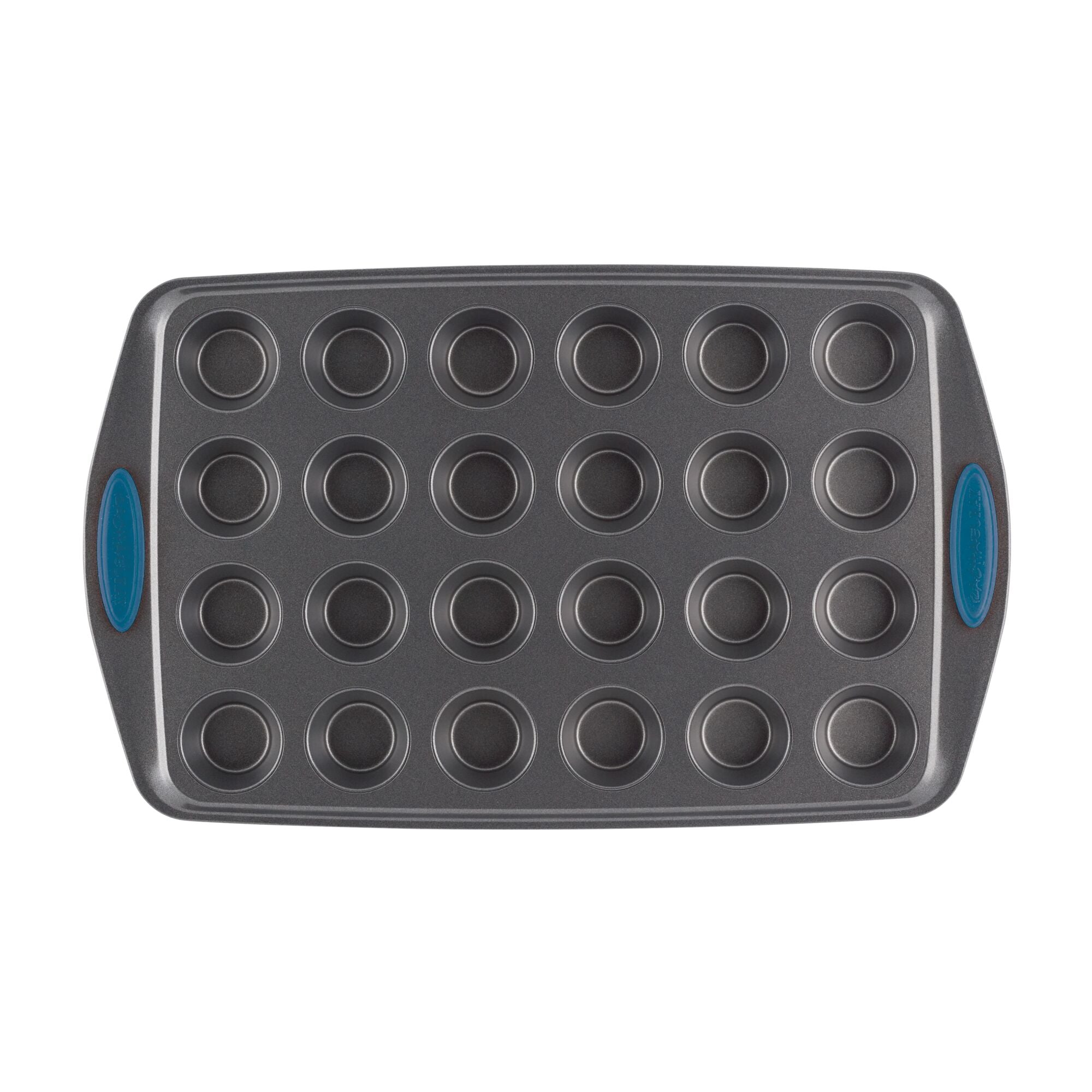 Mini muffin pan with 24 cups and blue silicone grips.