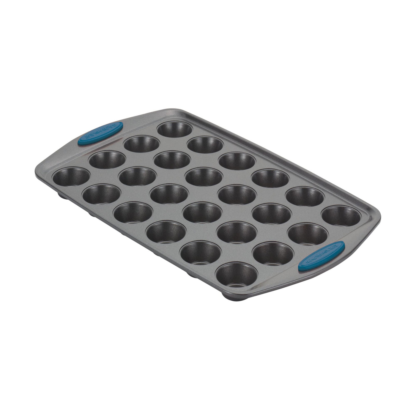 Nonstick 24-cup mini muffin pan with blue silicone grips.