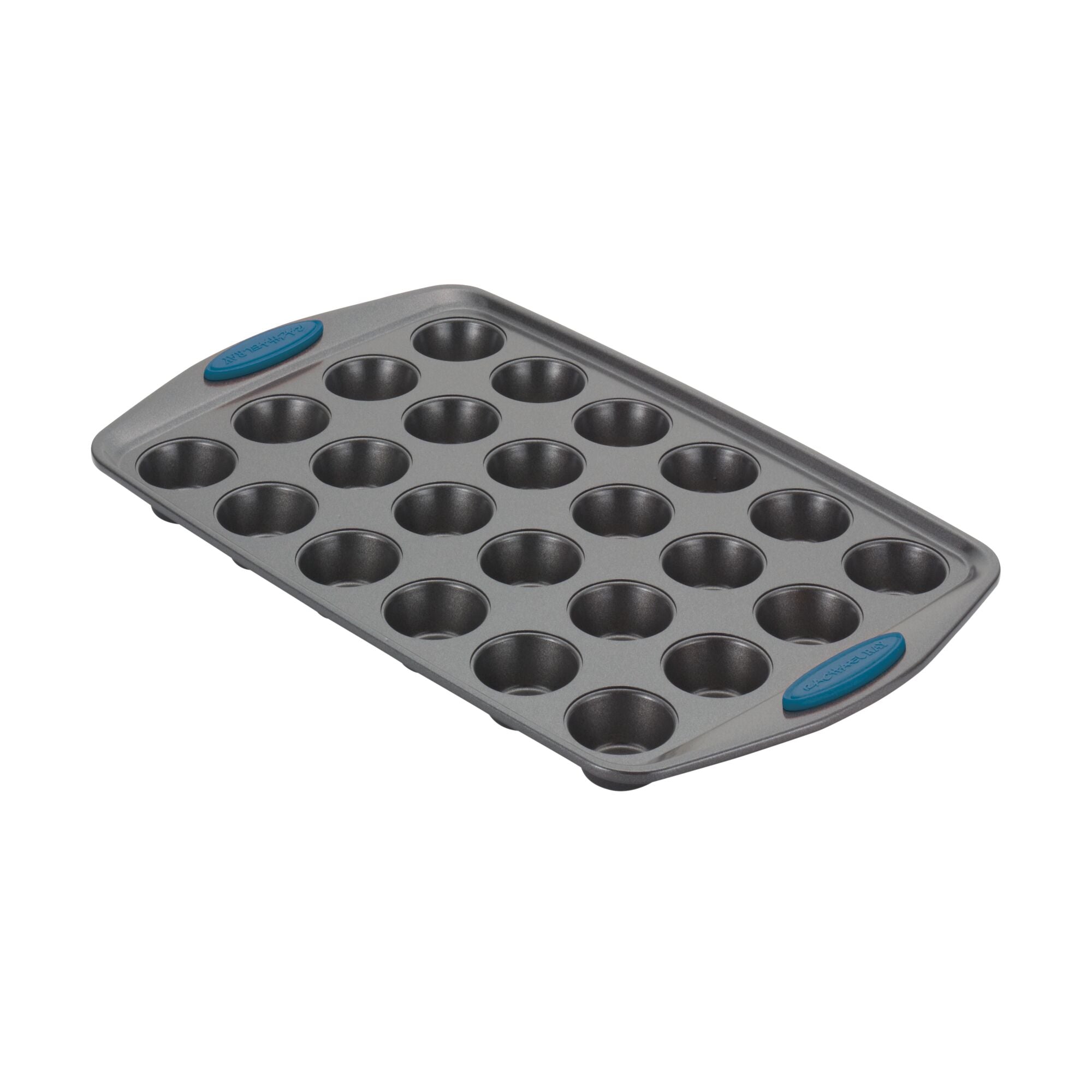 Nonstick 24-cup mini muffin pan with blue silicone grips.