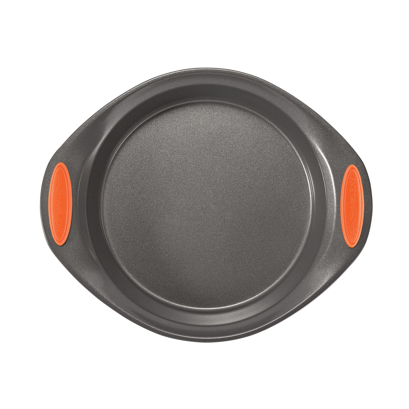 Round baking pan with orange silicone handles, viewed from above.