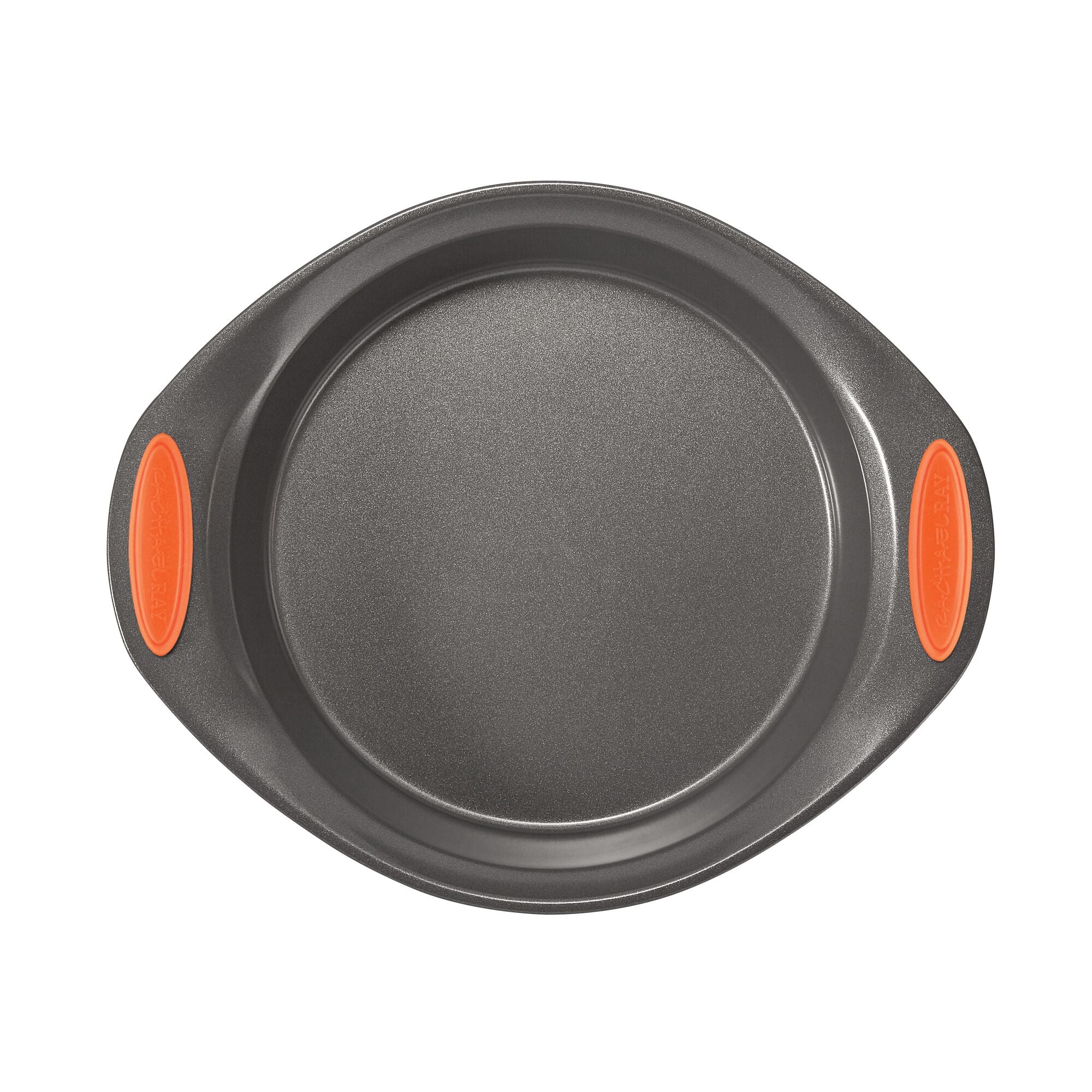Round baking pan with orange silicone handles, viewed from above.