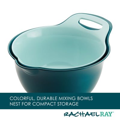 Two nested teal mixing bowls with a handle on the top bowl.