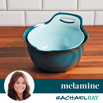 Two nested melamine bowls on a wooden counter, with an inset image of a woman.