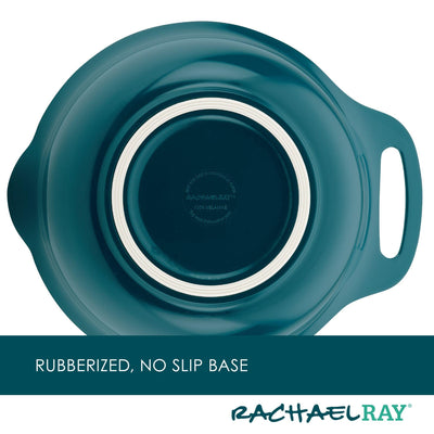 Teal bowl with rubberized, no-slip base and two side handles.