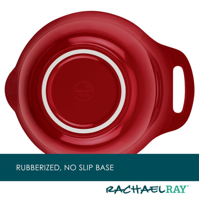 Red mixing bowl with a rubberized, no-slip base and side handle.