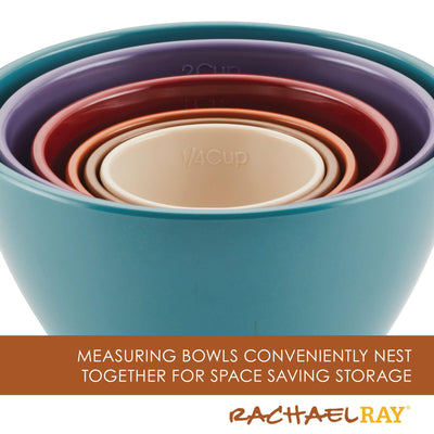 Nested measuring bowls in various colors with a Rachael Ray logo below.