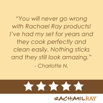 Testimonial praising Rachael Ray products with a five-star rating.