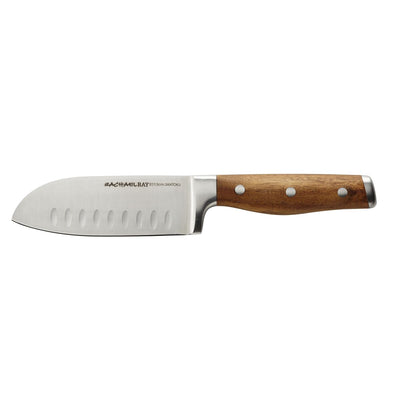 A Santoku knife with a wooden handle on a white background.