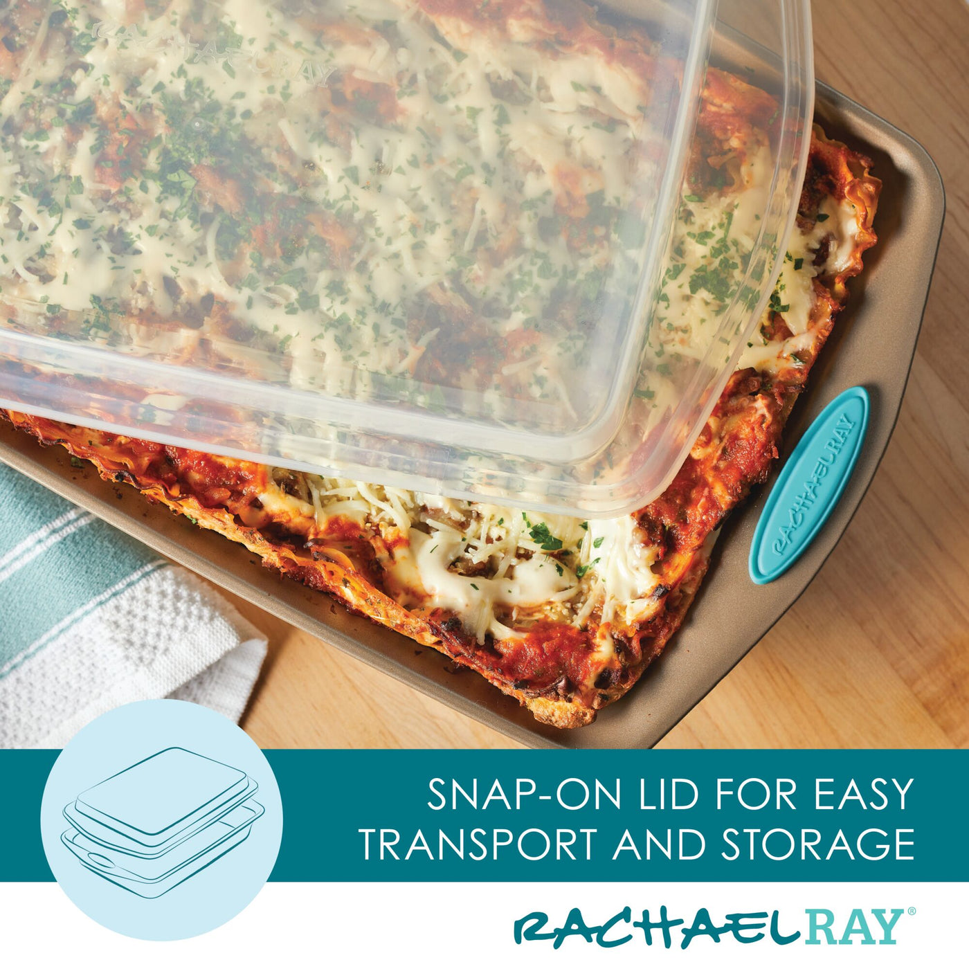 Baked lasagna in a pan with a snap-on lid, labeled Rachael Ray.