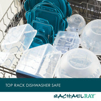 Top rack filled with blue and clear plastic containers in a dishwasher.