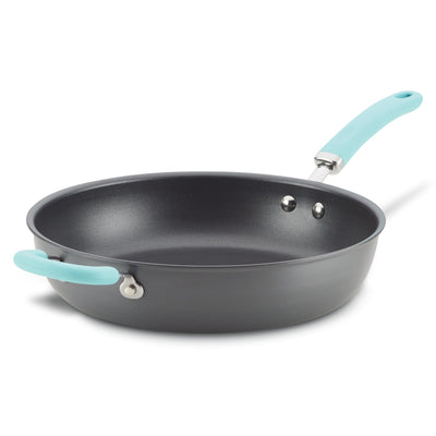 Nonstick frying pan with a light blue handle and an additional side handle.