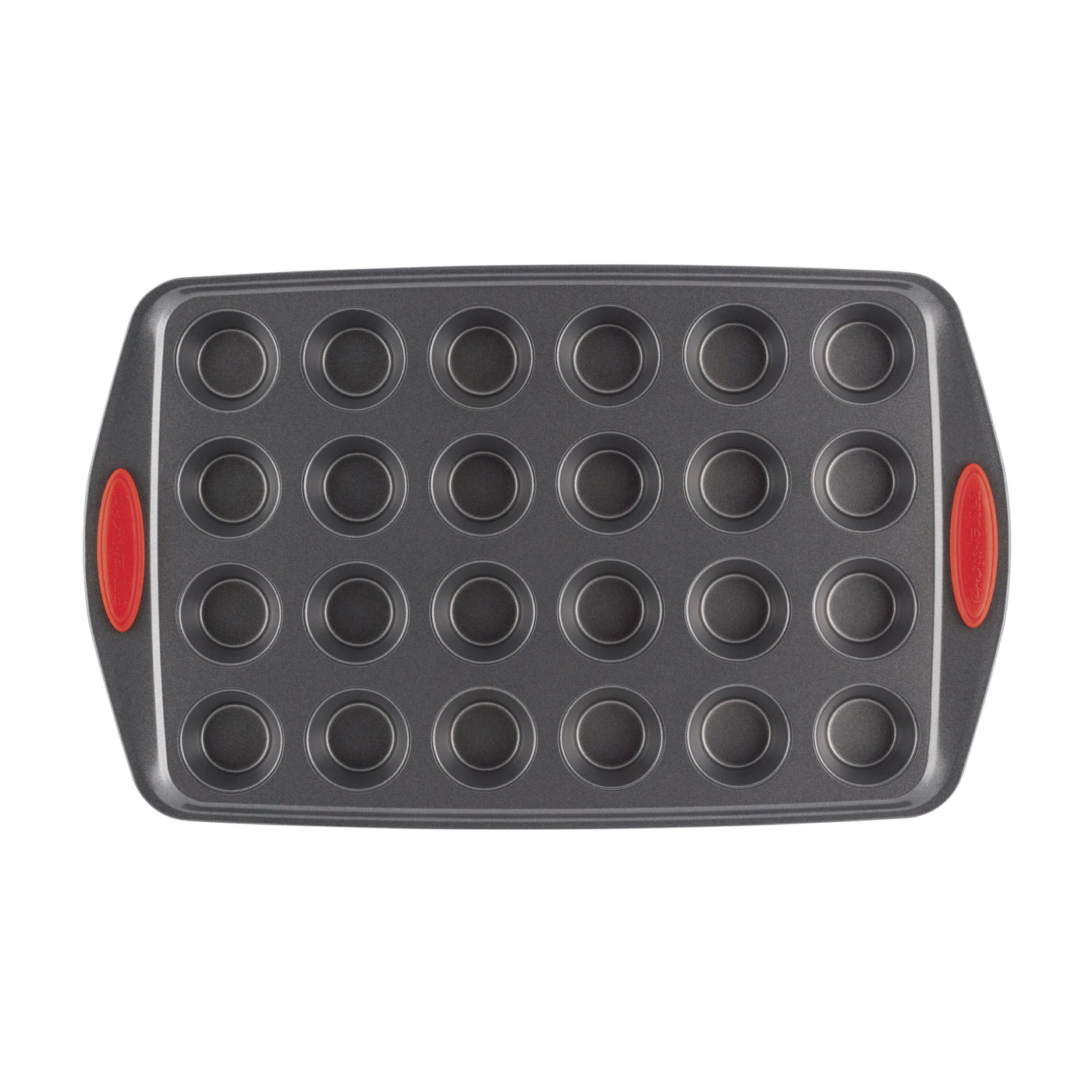 Non-stick 24-cup mini muffin pan with red silicone handles.