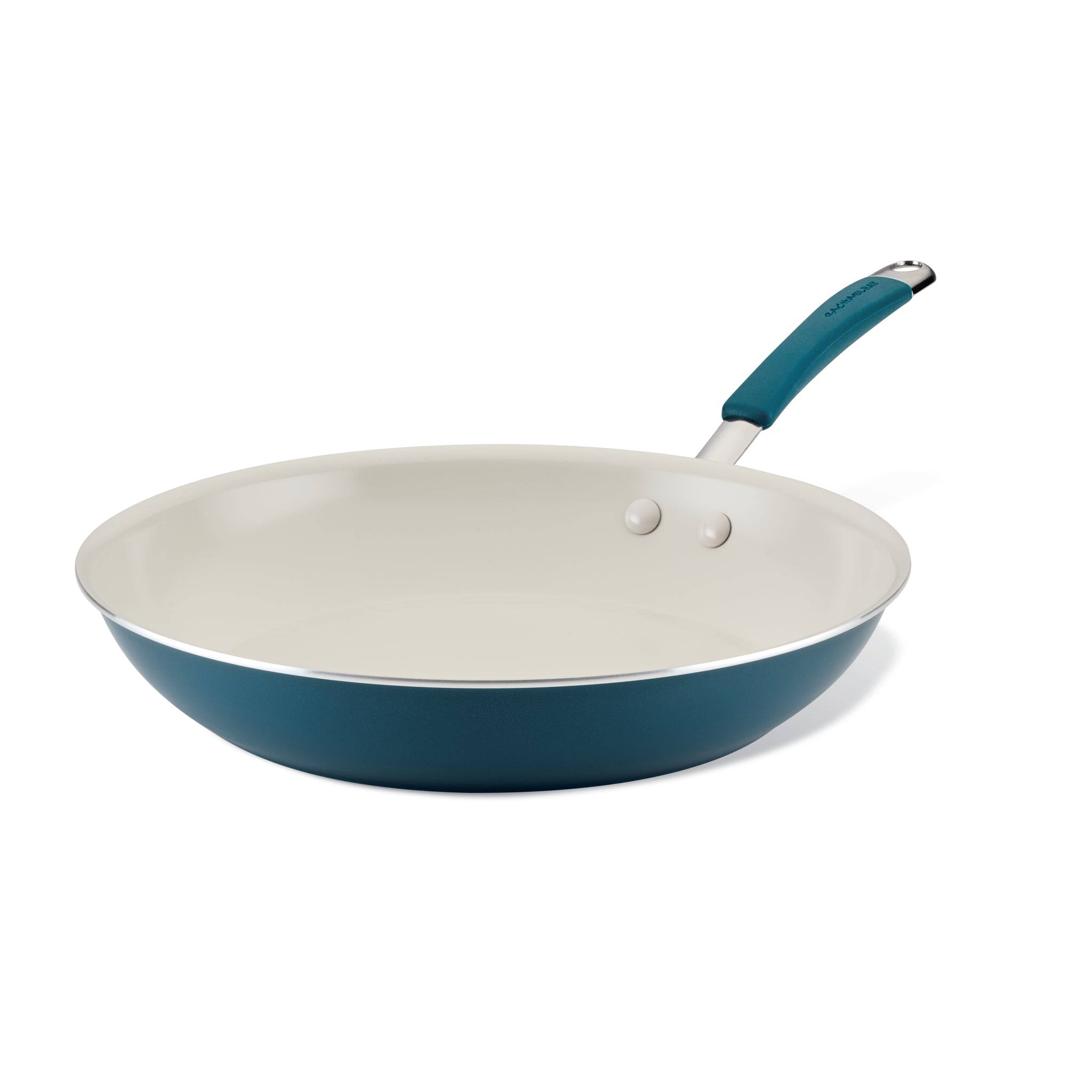 The Cucina Ceramic Nonstick Frying Pan, with its teal exterior, white nonstick ceramic interior, and black handle, is perfect for colorful cooking adventures.