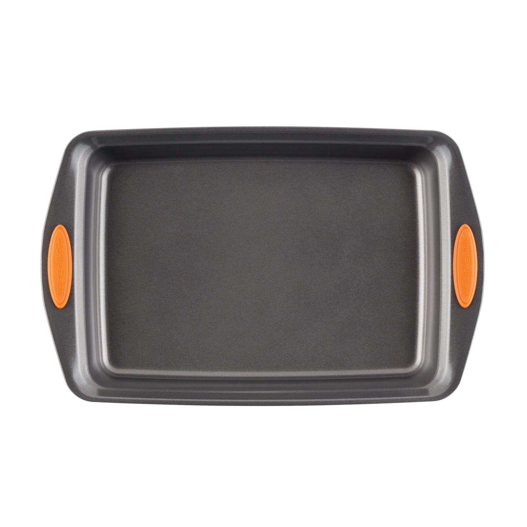 Rectangular baking pan with orange silicone grips on the handles.