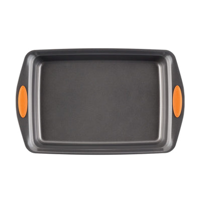 Rectangular baking pan with orange silicone grips on the handles.