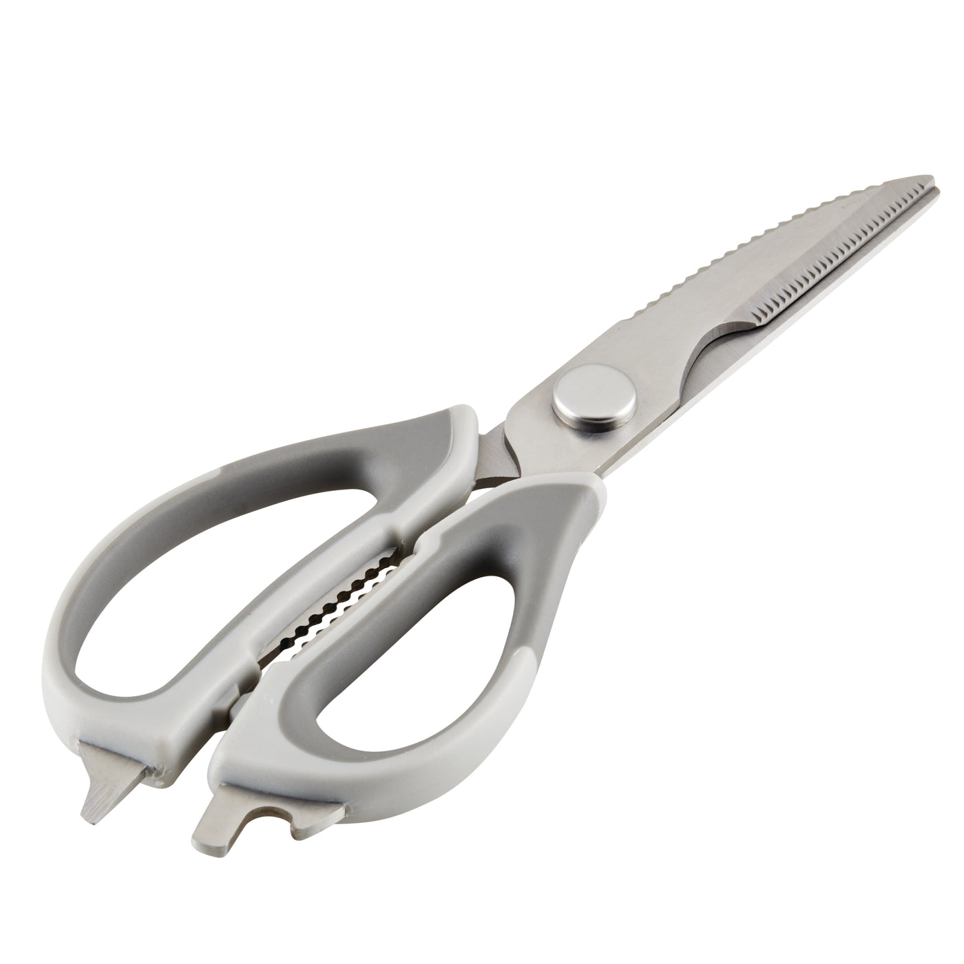 Silver kitchen scissors with serrated blades on a white background.