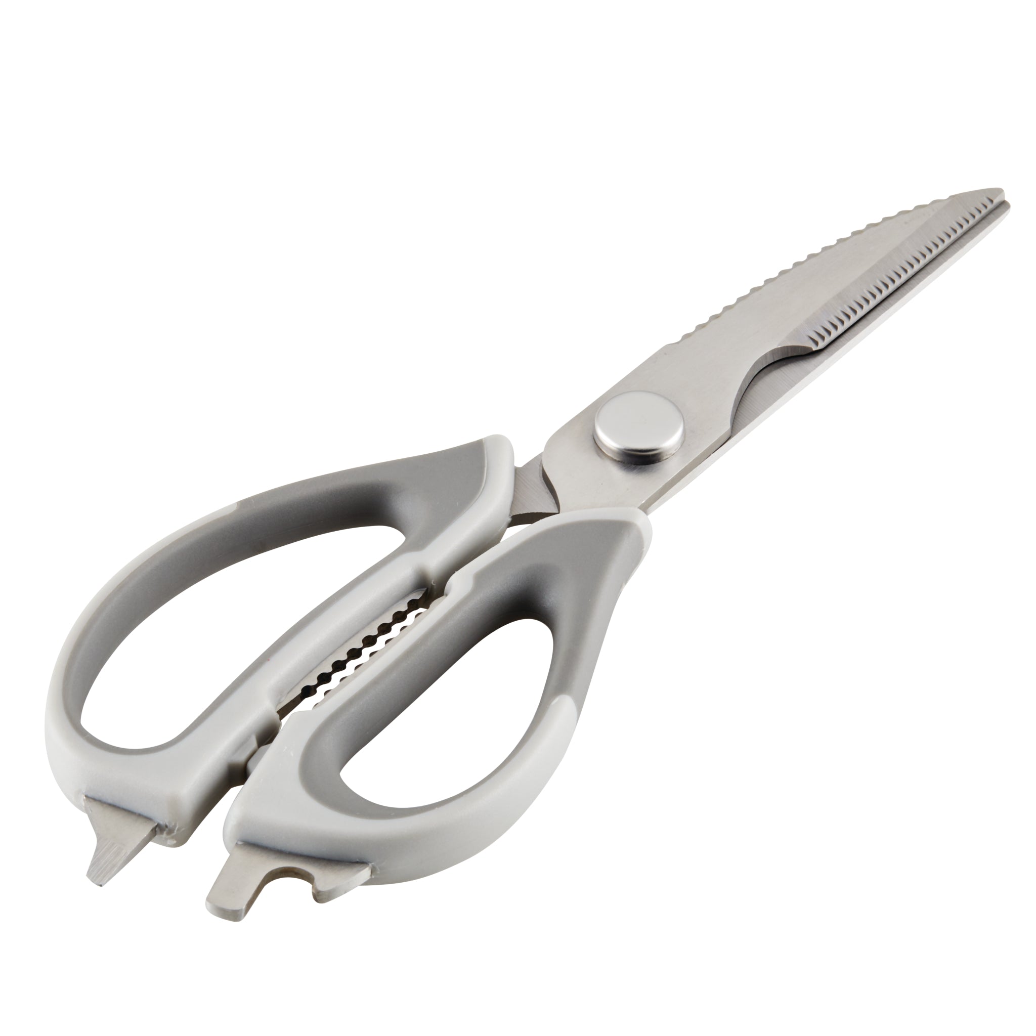 Silver kitchen scissors with serrated blades on a white background.