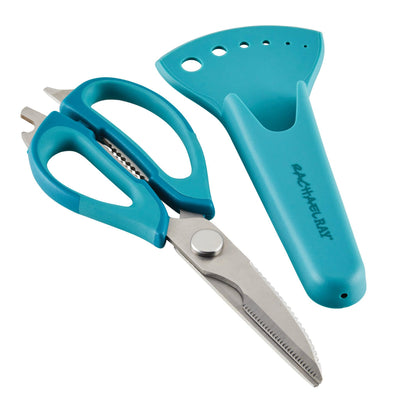 Blue kitchen shears with protective sheath on white background.