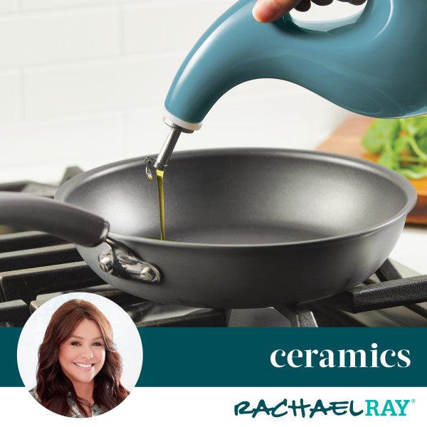 An individual carefully pours oil from a 24-ounce EVOO Bottle into a frying pan on the stove, highlighting the precision of the pour, while the word "ceramics" discreetly accents the setting.