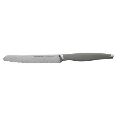 Serrated bread knife with a gray handle on a white background.