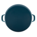 Round, dark teal pot lid with two side handles, viewed from above.