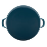 Round, dark teal pot lid with two side handles, viewed from above.