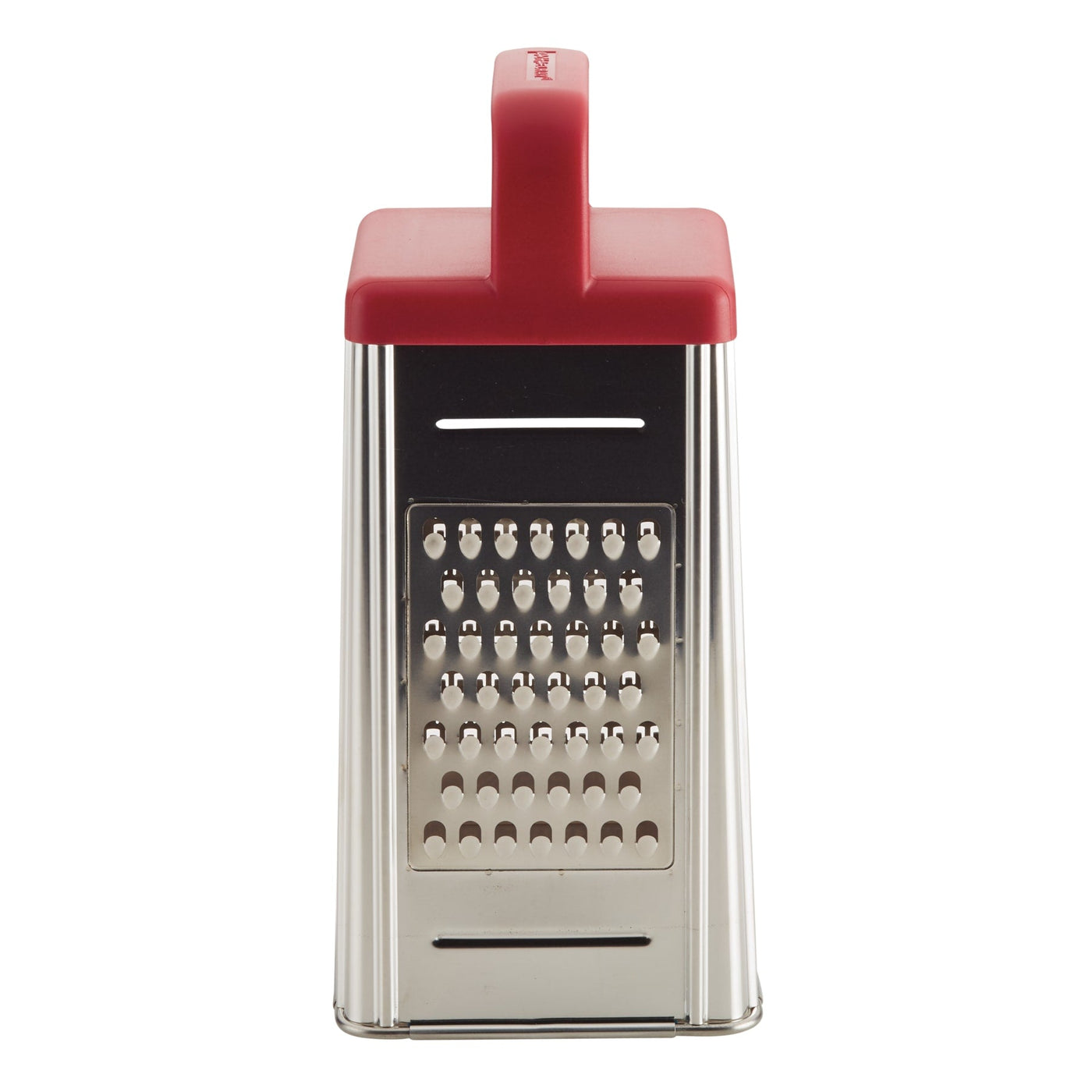 Box grater with red handle and multiple grating surfaces.