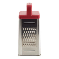 Box grater with red handle and multiple grating surfaces.