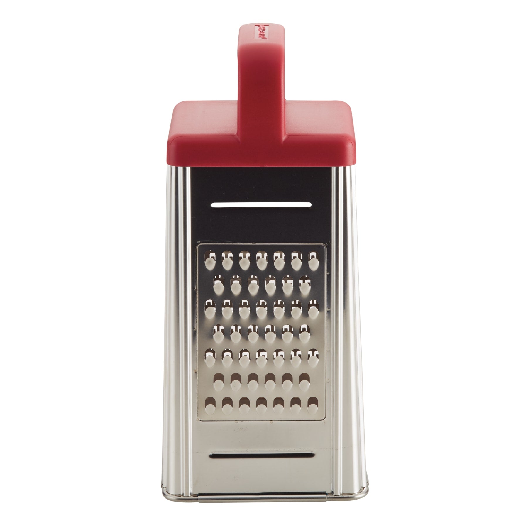 Box grater with red handle and multiple grating surfaces.
