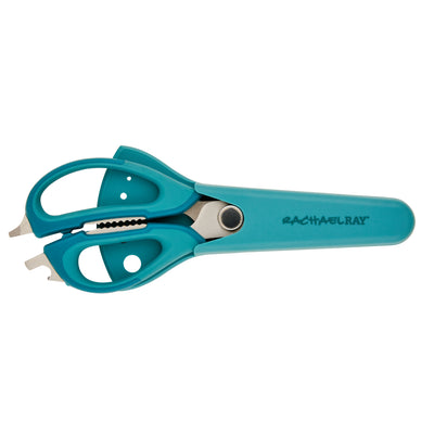 Teal kitchen scissors in a matching sheath labeled "Rachael Ray.