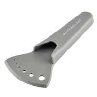 Gray kitchen utensil handle with "Rachael Ray" logo and multiple holes.