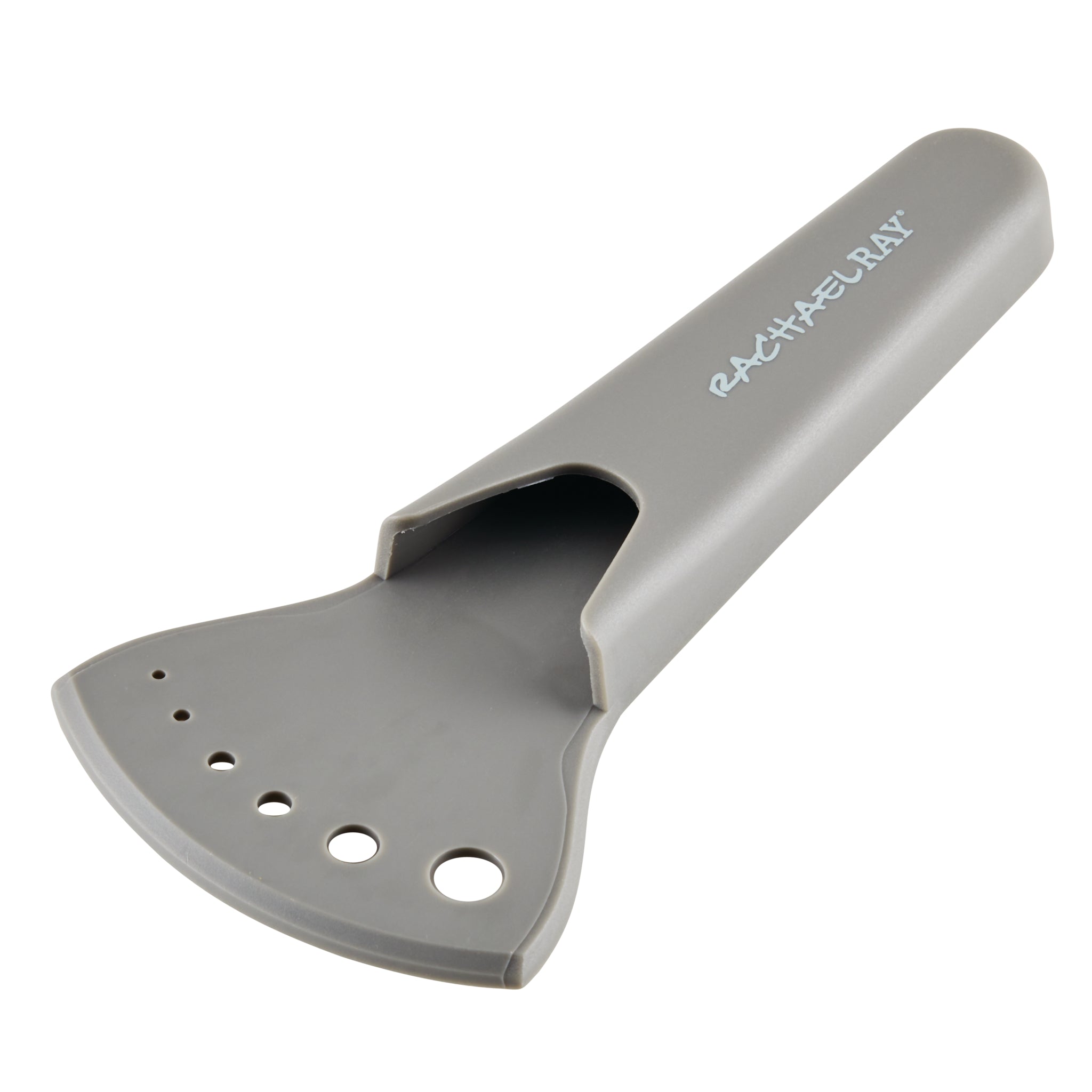Gray kitchen utensil handle with "Rachael Ray" logo and multiple holes.