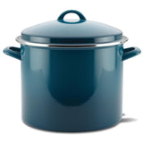 Blue enamel stockpot with lid and side handles.