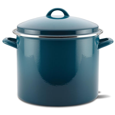 Blue enamel stockpot with lid and side handles.