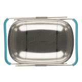 Oval mesh strainer with teal handles, viewed from above.